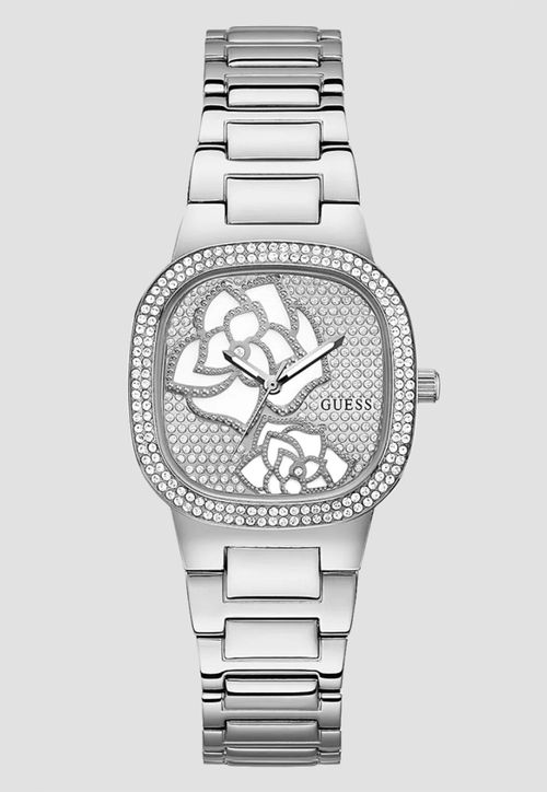 Relógio Quadrado Flor Cristais Guess Prata