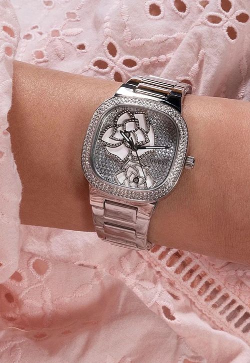 Relógio Quadrado Flor Cristais Guess Prata