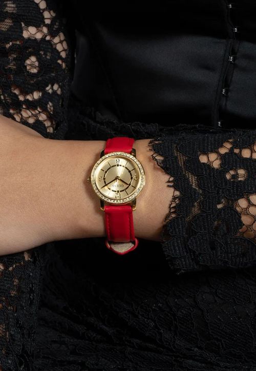 Relógio Redondo Cristais Troca Pulseira Vermelho