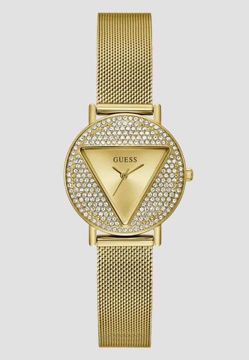 Relógio Redondo Cristais Pulseira Malha de Aço Dourado
