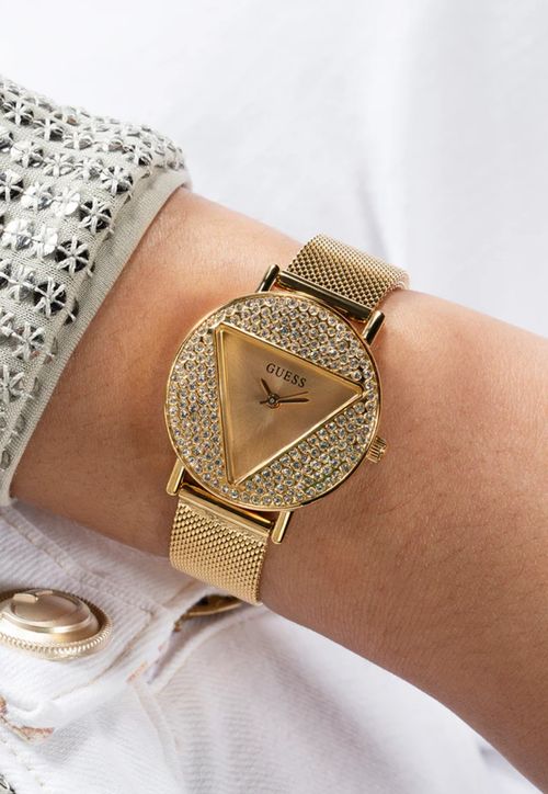 Relógio Redondo Cristais Pulseira Malha de Aço Dourado