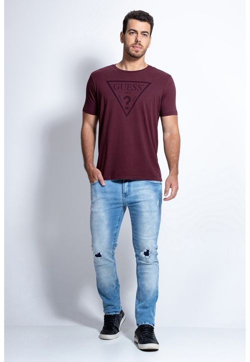Calça Jeans Skinny Rasgos E Patch Guess Azul Claro