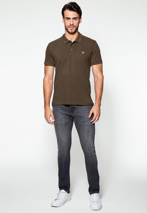 Camisa Polo Guess Piquet Bordado Ombro Verde Oliva