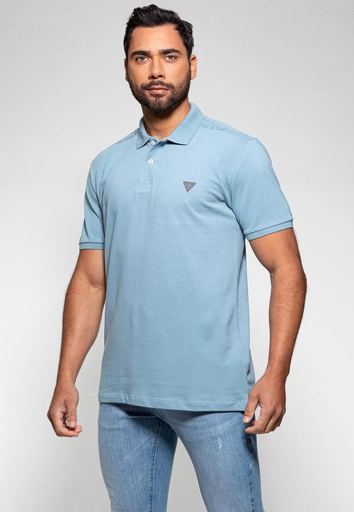 Camisa Polo Guess Piquet Bordado Ombro Azul