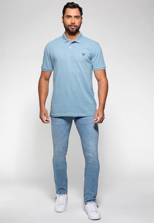 Camisa Polo Guess Piquet Bordado Ombro Azul