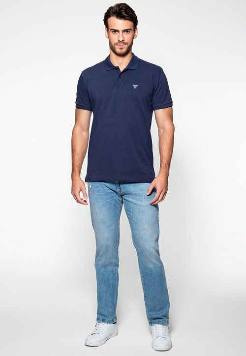 Camisa Polo Guess Piquet Bordado Ombro Azul Escuro