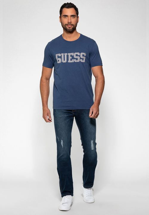 Camiseta Logo Listrado Guess Azul Escuro