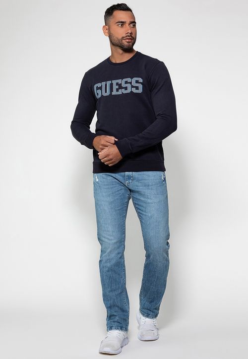 Blusa de Moletom Logo Listrado Guess Azul Escuro