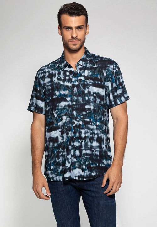 Camisa Manga Curta Azul Abstrato Guess Branco