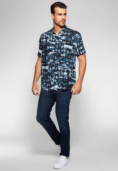 Camisa Manga Curta Azul Abstrato Guess Branco