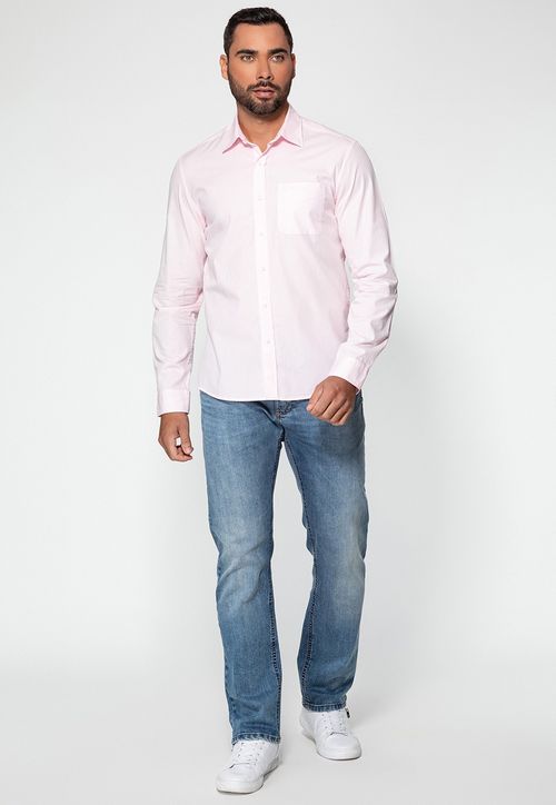 Camisa Manga Longa Bolso Bordado Rosa Claro