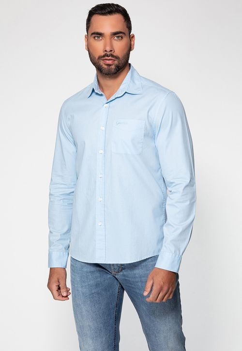 Camisa Manga Longa Bolso Bordado Azul Claro