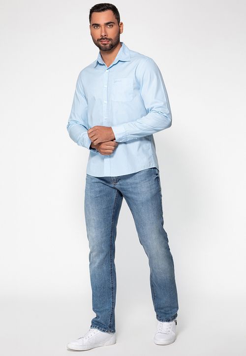 Camisa Manga Longa Bolso Bordado Azul Claro