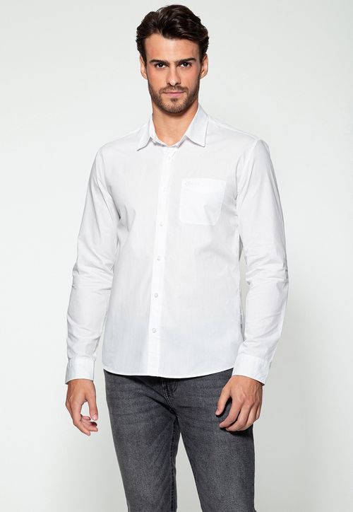 Camisa Manga Longa Bolso Bordado Branco