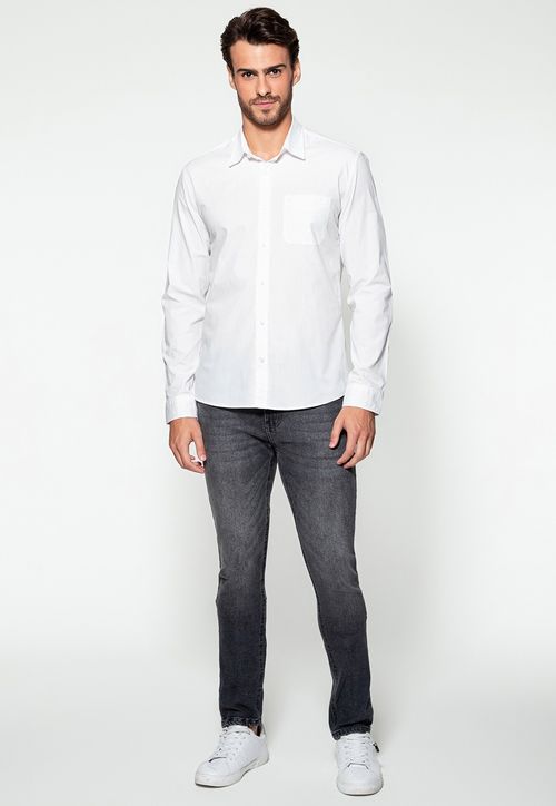 Camisa Manga Longa Bolso Bordado Branco