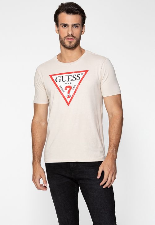 Camiseta Guess Triang Desgastado Bege