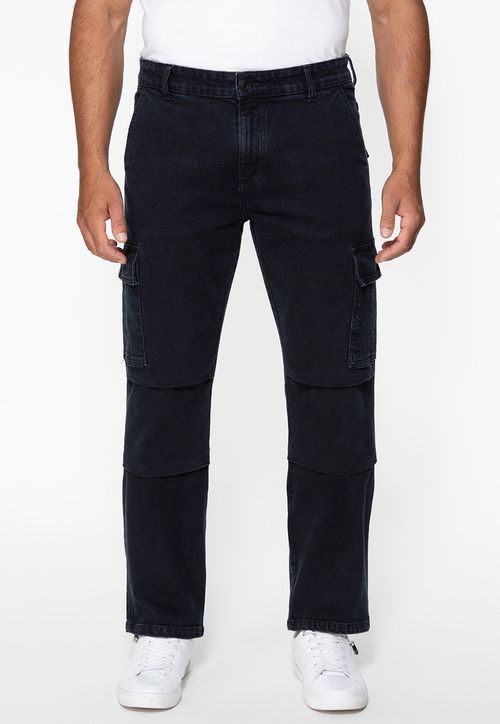 Calça Jeans Cargo Recortes Preto