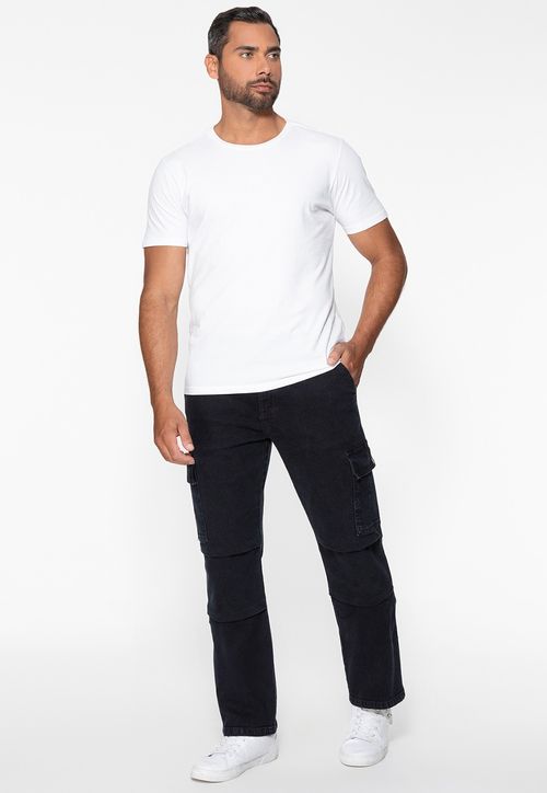 Calça Jeans Cargo Recortes Preto