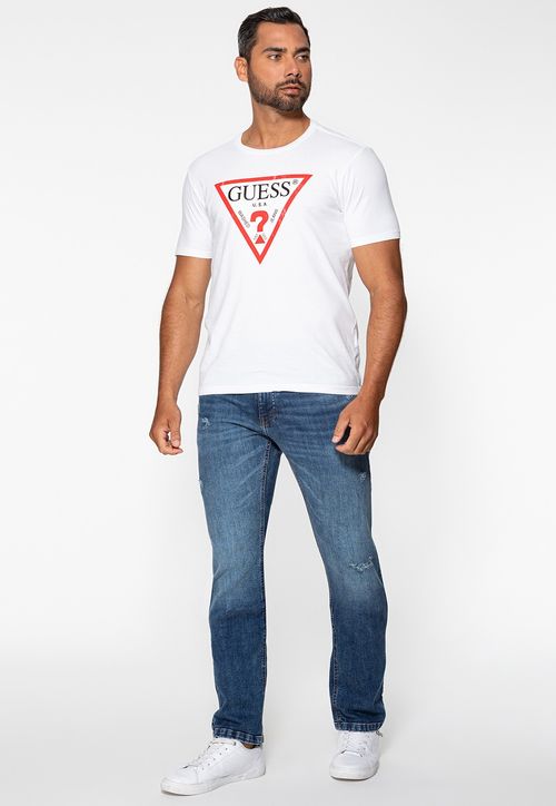 Calça Jeans Slim Straight Puídos Azul