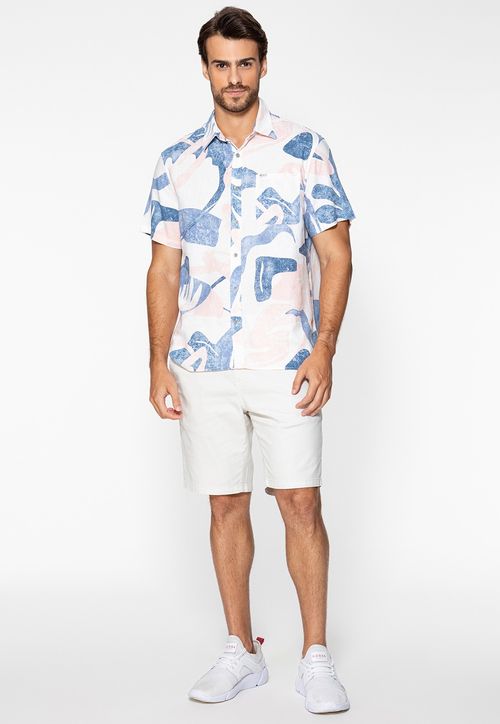 Camisa de Linho Eco Estampa Abstrata Branco