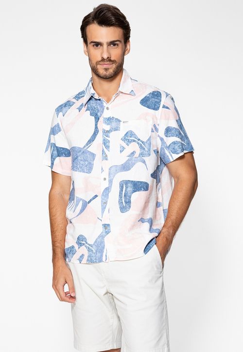 Camisa de Linho Eco Estampa Abstrata Branco