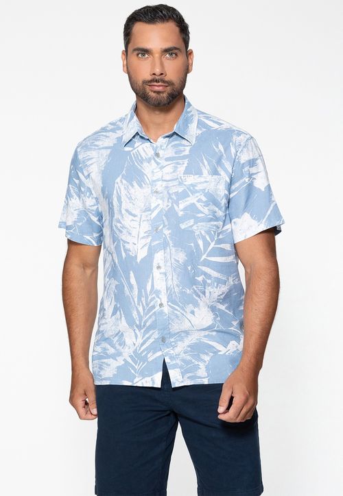 Camisa de Linho Eco Estampa Abstrata Azul Claro