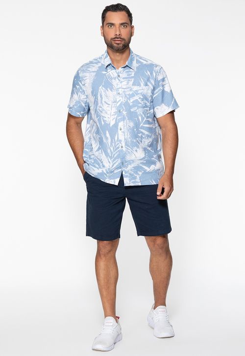 Camisa de Linho Eco Estampa Abstrata Azul Claro