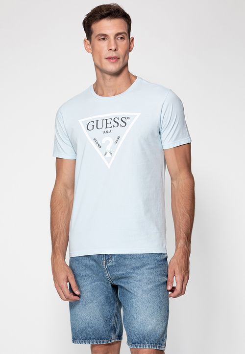 Camiseta Guess Logo Triangulo Vazado Azul Claro