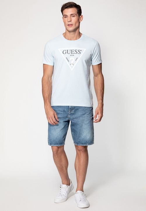 Camiseta Guess Logo Triangulo Vazado Azul Claro
