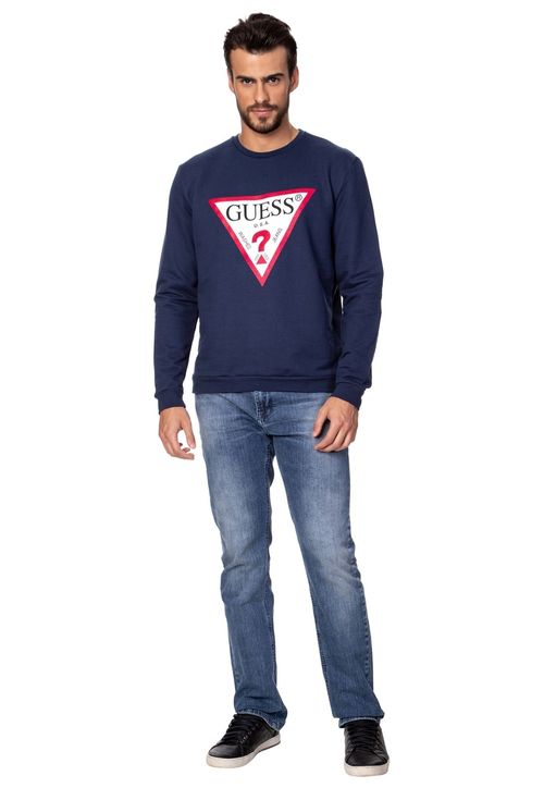 Blusa de Moletom Gola Careca Guess Azul Escuro