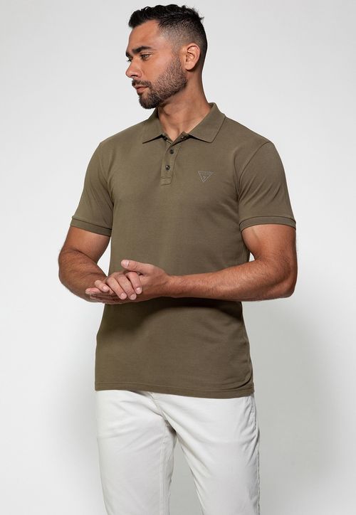 Camisa Polo Silk Triangulo Pq Puff Guess Verde Militar