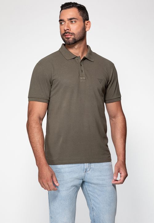 Camisa Polo Silk Triangulo Pq Puff Guess Verde Oliva