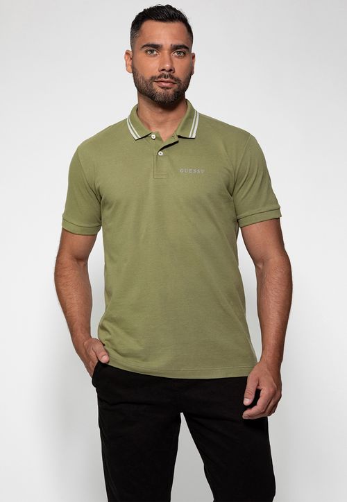 Camisa Polo Guess Silk Peito Frisos Gola Verde Escuro
