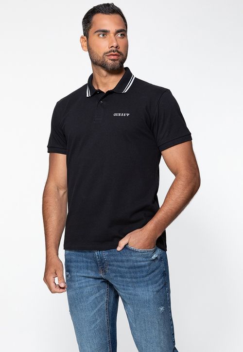 Camisa Polo Guess Silk Peito Frisos Gola Preto
