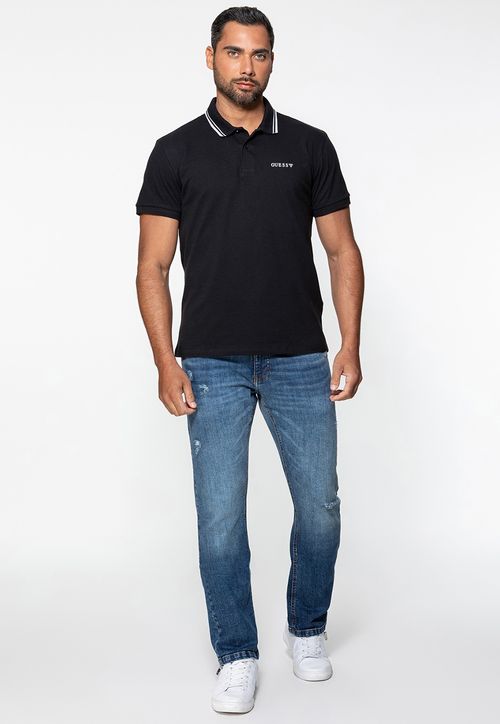Camisa Polo Guess Silk Peito Frisos Gola Preto
