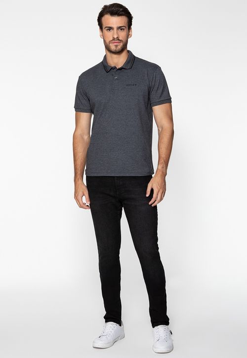 Camisa Polo Guess Silk Peito Frisos Gola Cinza Escuro