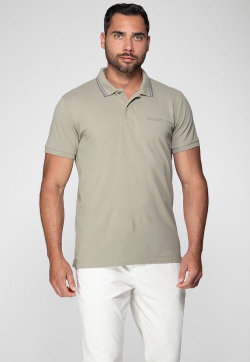 Camisa Polo Guess Silk Peito Frisos Gola Verde Claro