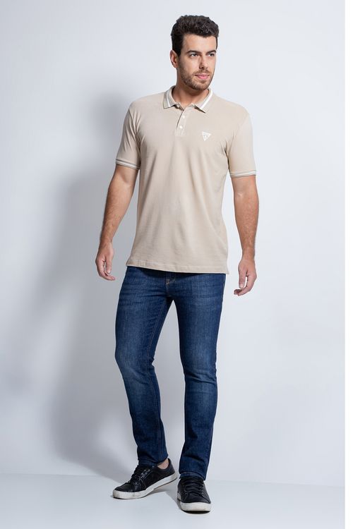 Camisa Polo Piquet Jacquard Gola Guess Bege