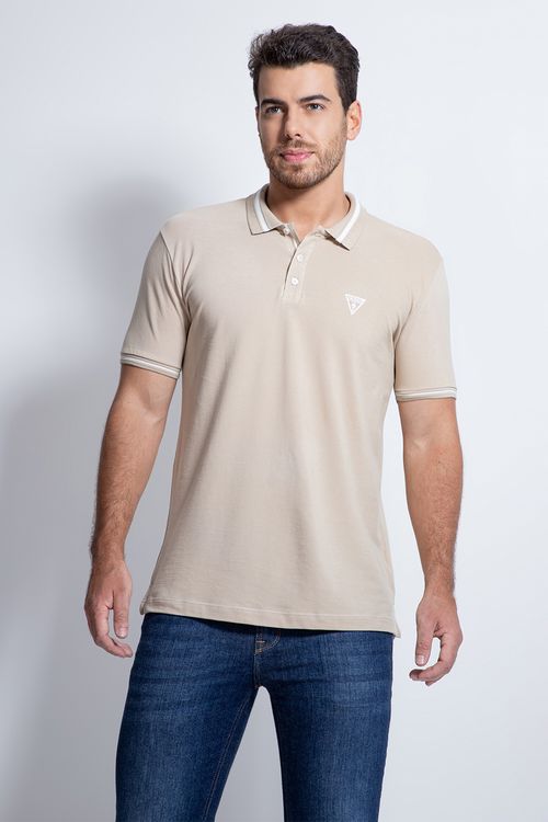Camisa Polo Piquet Jacquard Gola Guess Bege