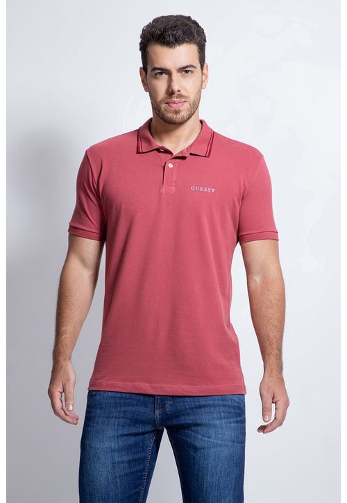 Camisa Polo Piquet Jacquard Gola Guess Rosa