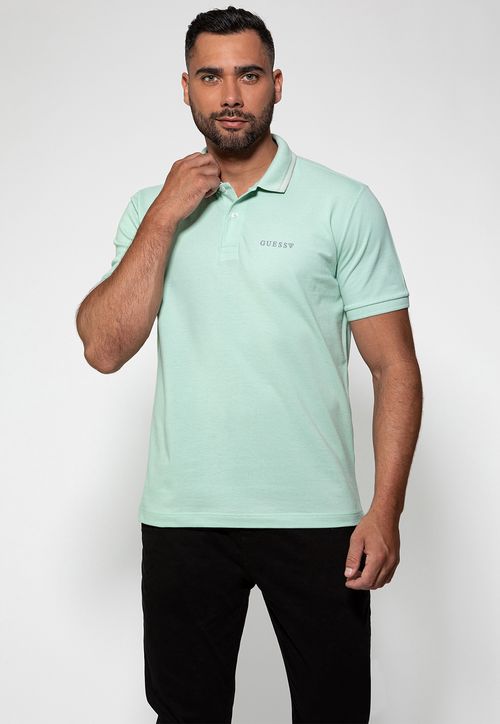 Camisa Polo Guess Silk Peito Frisos Gola Verde Água