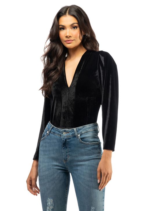 Body Manga Longa Veludo Guess Preto
