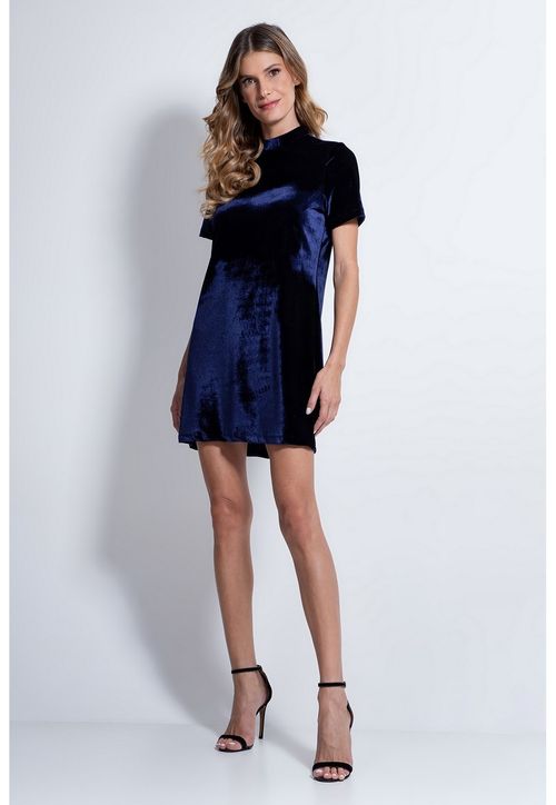 Vestido Veludo Manga Curta Guess Azul Escuro