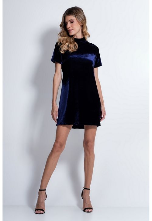 Vestido Veludo Manga Curta Guess Azul Escuro