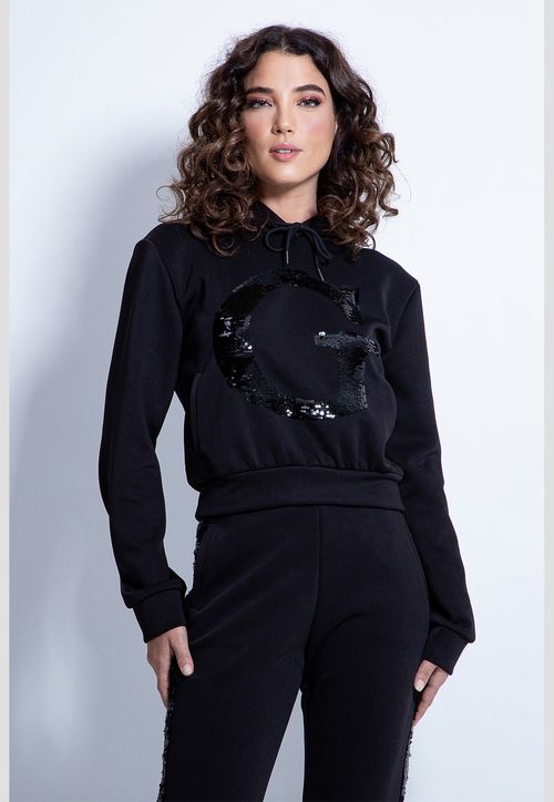 Blusa de Moletom Scuba Zíper Capuz G Paete Guess Preto