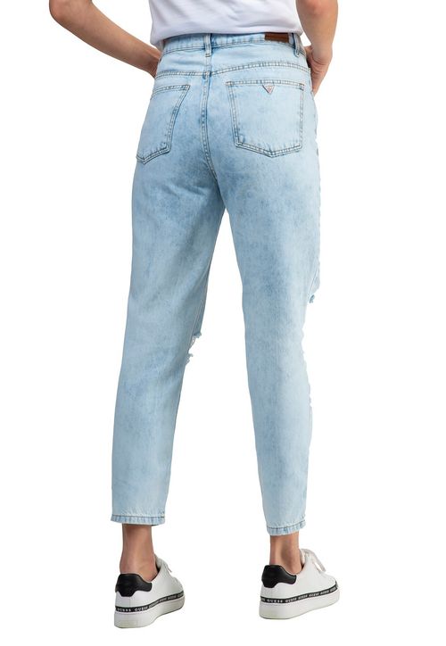 Calça Jeans Mom Rasgos Joelho Guess Azul Claro
