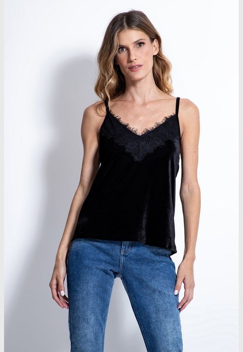 Regata Veludo Renda Decote Guess Preto