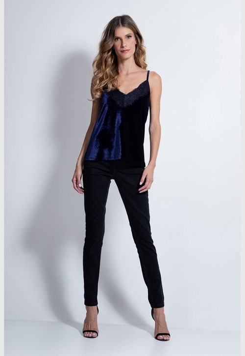 Regata Veludo Renda Decote Guess Azul Escuro