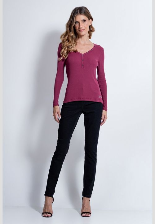 Blusa Manga Longa Rib Botões Metal Guess Vinho