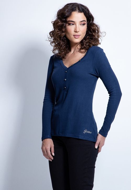 Blusa Manga Longa Rib Botões Metal Guess Azul Escuro
